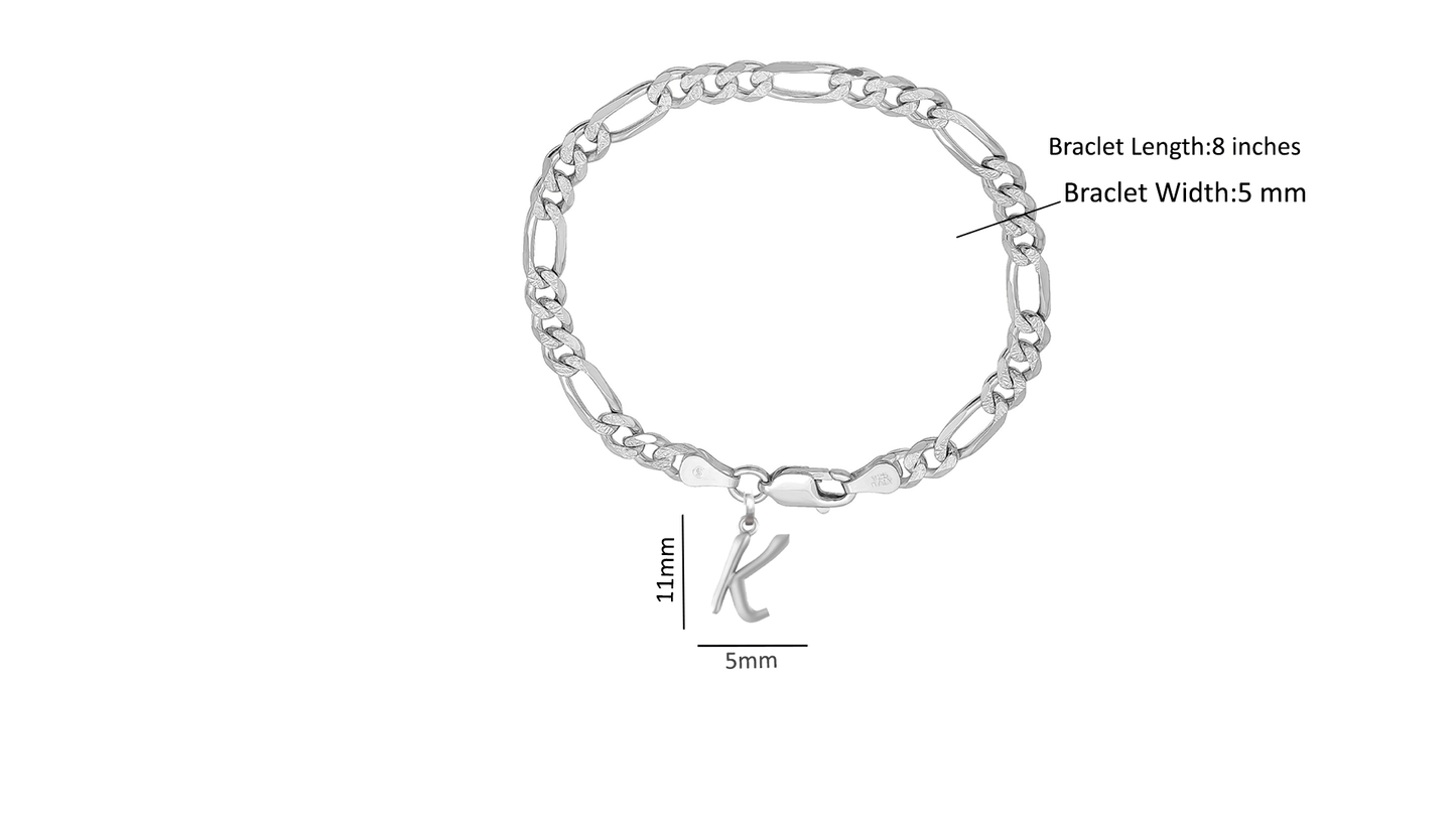 Akshat Sapphire 92.5% pure Sterling Silver Figaro Designer Bracelet with K Alphabet for Men