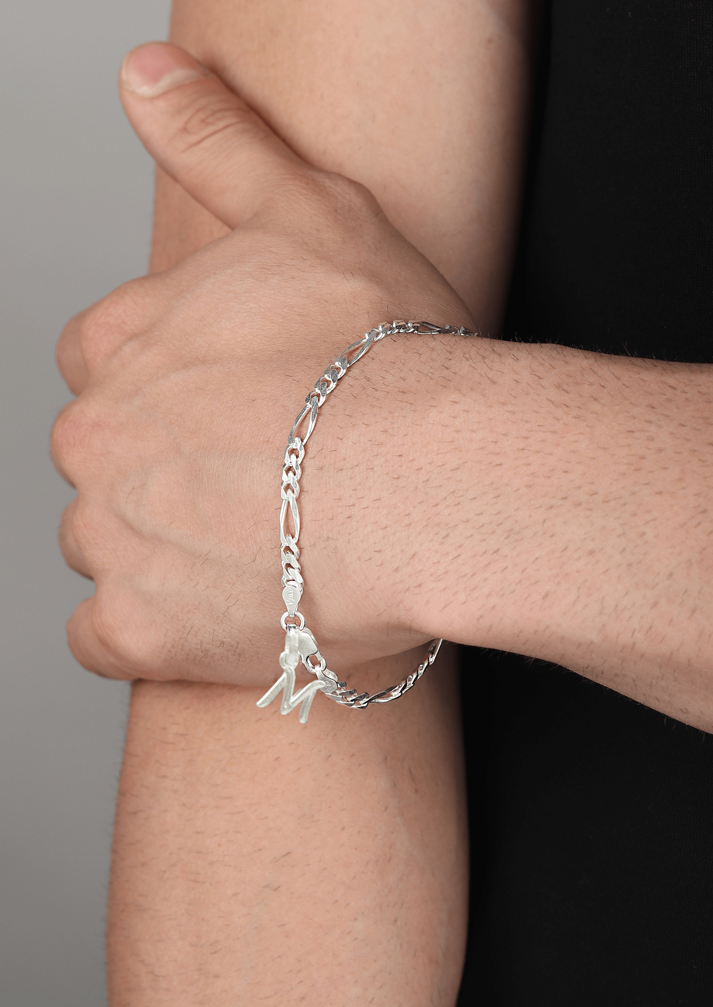 Akshat Sapphire 92.5% pure Sterling Silver Figaro Designer Bracelet with M Alphabet for Men