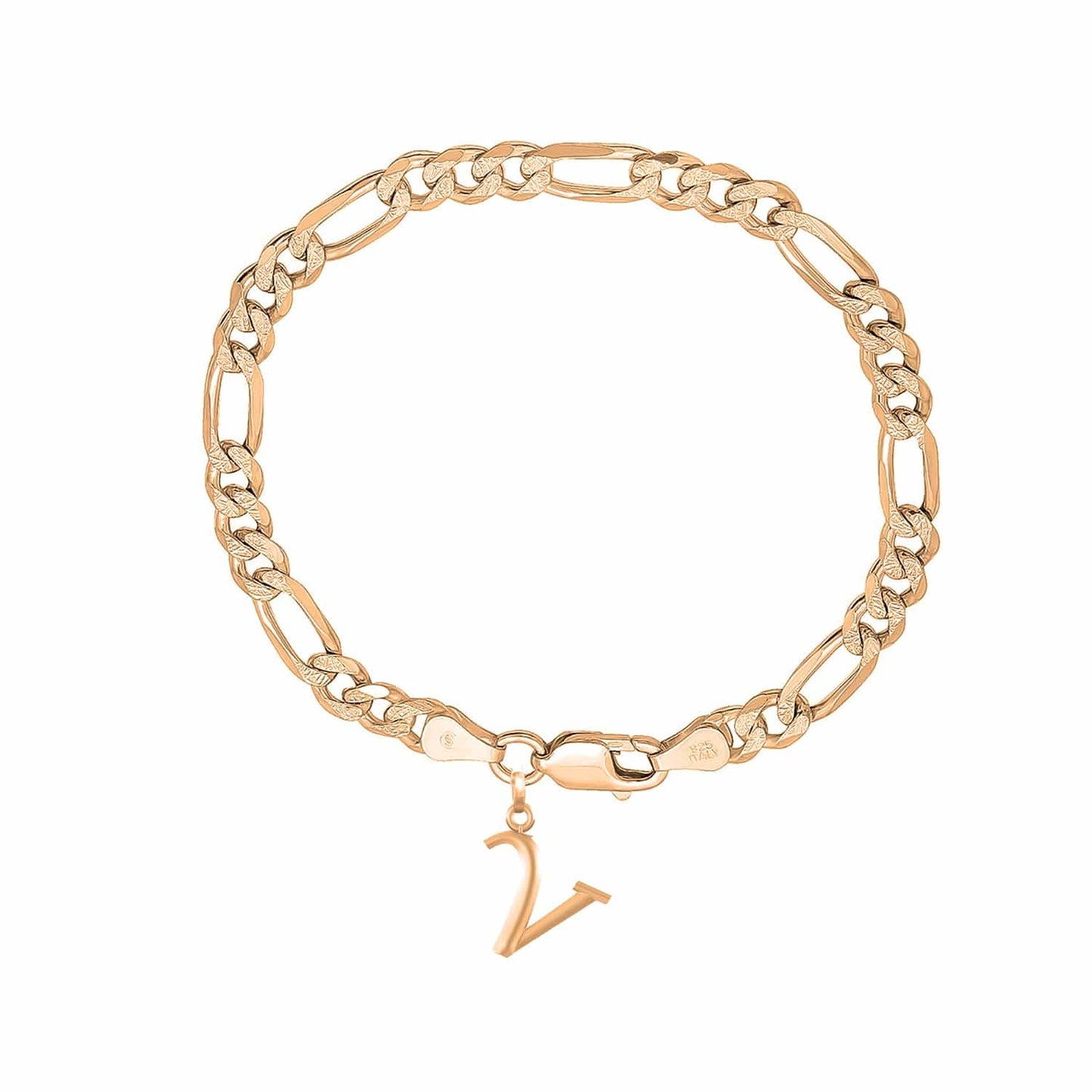 Akshat Sapphire 22KT gold plated 92.5% pure Sterling Silver Figaro Designer Bracelet with V Alphabet for Men