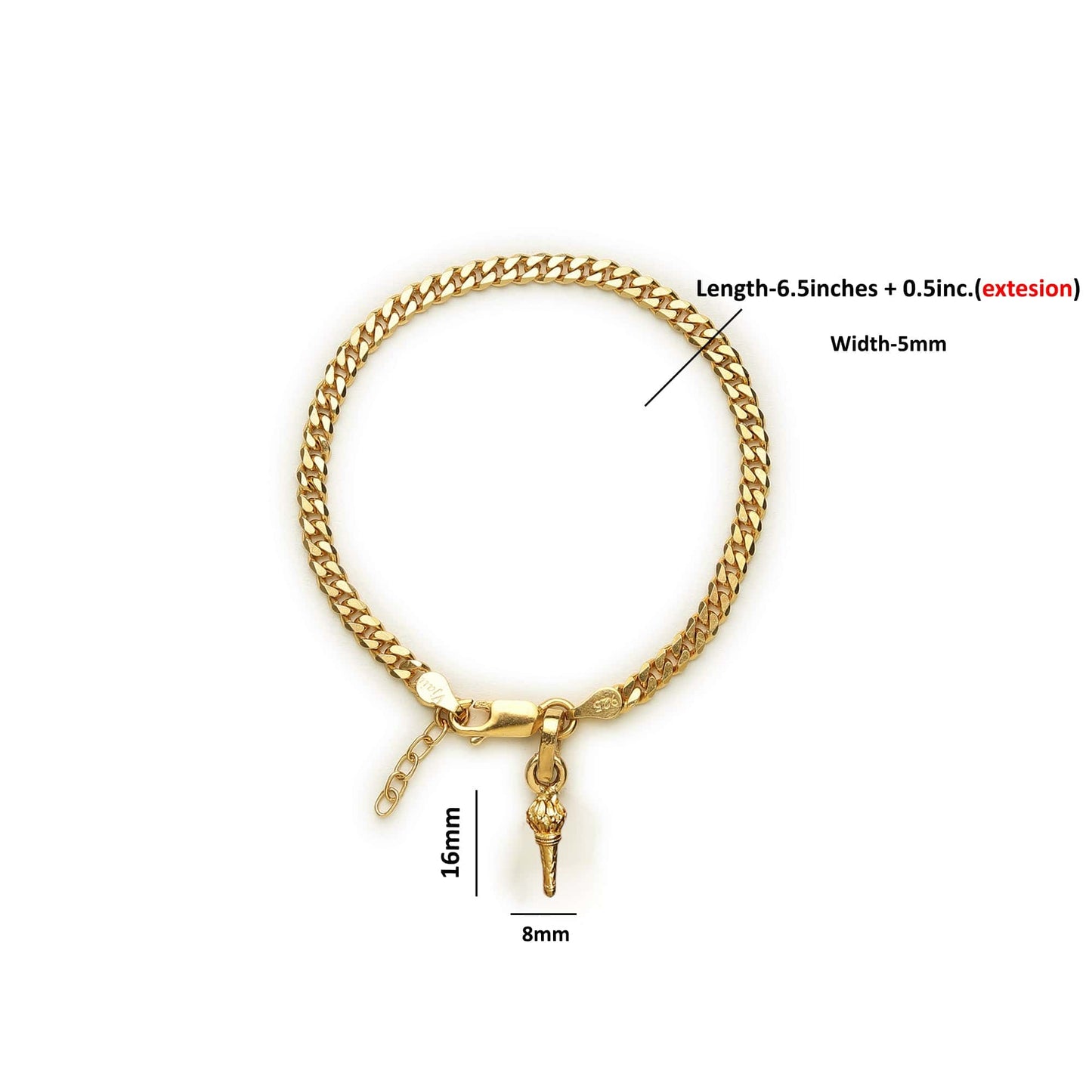 Akshat Sapphire 22KT gold plated 92.5% pure Sterling Silver Curb Designer Bracelet with Hanuman Gada for Girls and Women