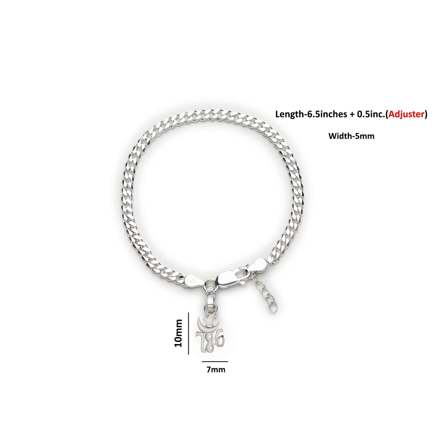 Akshat Sapphire 92.5% pure Sterling Silver Curb Designer Bracelet with religious 786 charm for Girls and Women