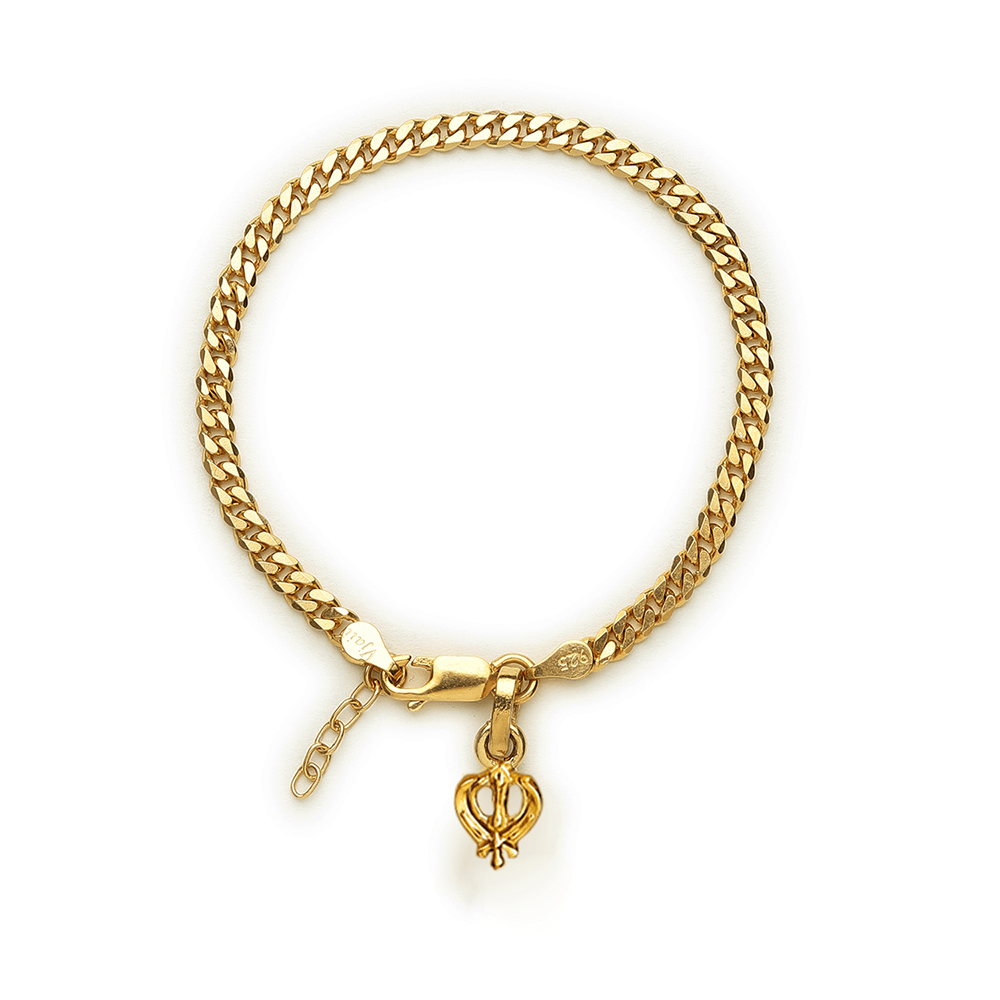 Akshat Sapphire 22KT gold plated 92.5% pure Sterling Silver Curb Designer Bracelet with spiritual Sardar Symbol for Girls and Women