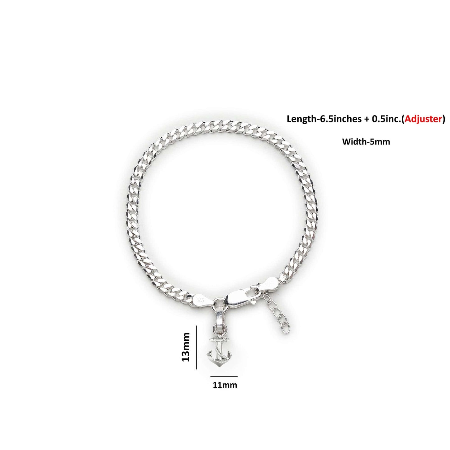 Akshat Sapphire 92.5% pure Sterling Silver Curb Designer Bracelet with Ship Anchor for Girls and Women