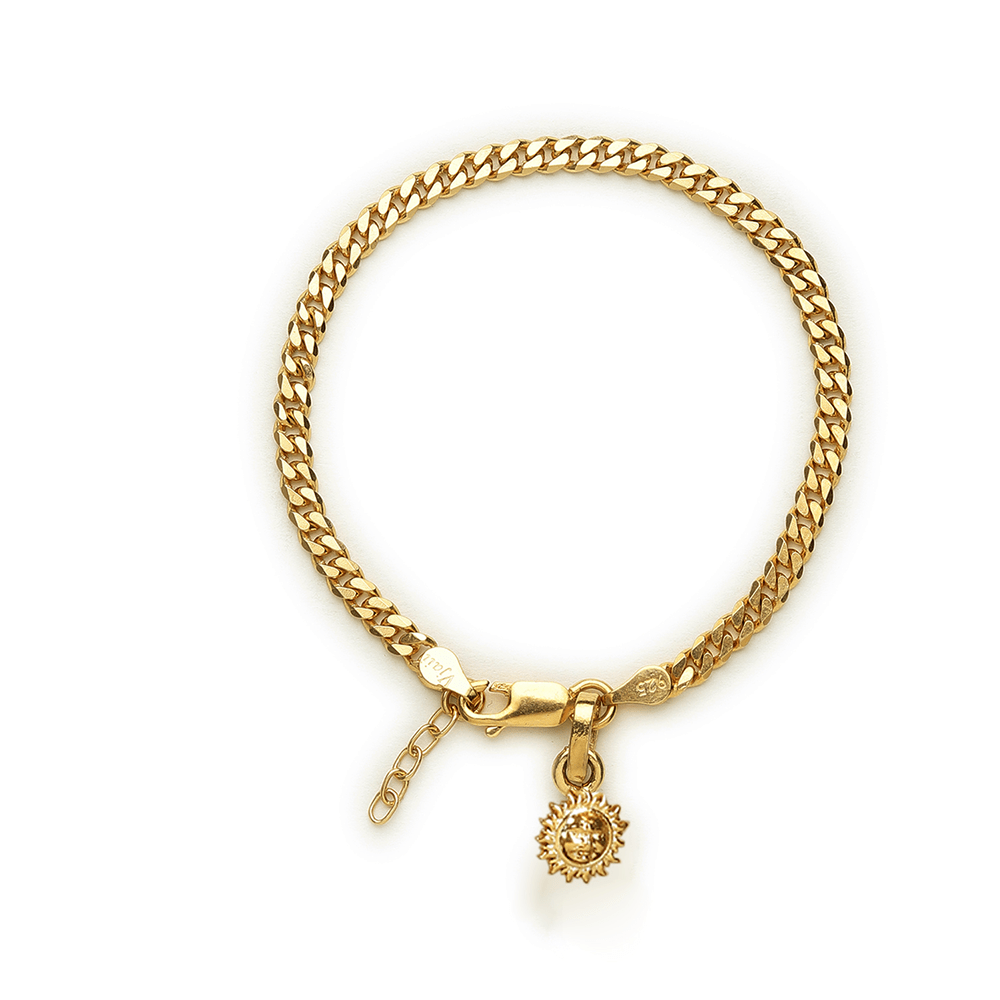Akshat Sapphire 22KT gold plated 92.5% pure Sterling Silver Curb Designer Bracelet with Charm Surya for Girls and Women