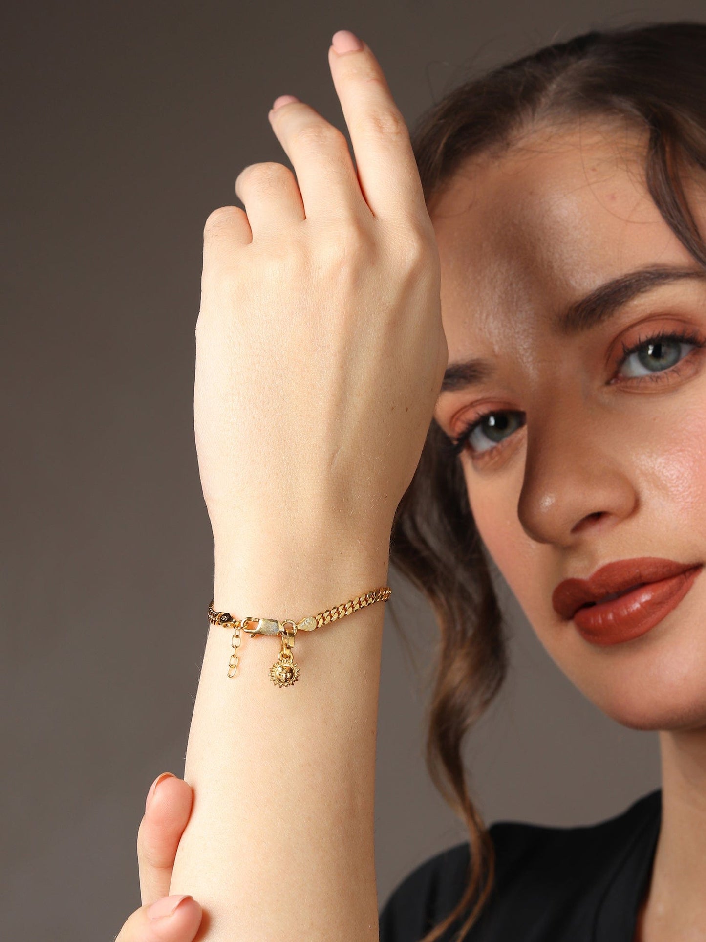 Akshat Sapphire 22KT gold plated 92.5% pure Sterling Silver Curb Designer Bracelet with Charm Surya for Girls and Women