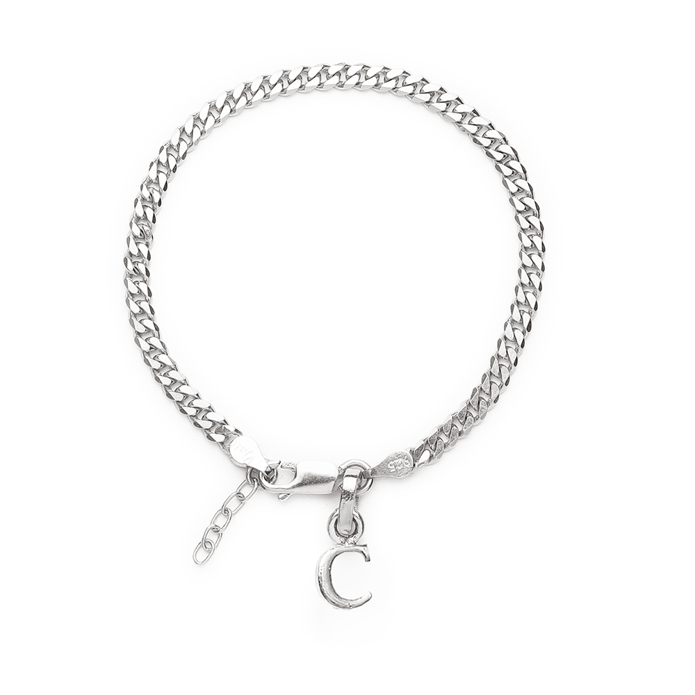 Akshat Sapphire 92.5% pure Sterling Silver Curb Designer Bracelet with C Alphabet for Girls and women