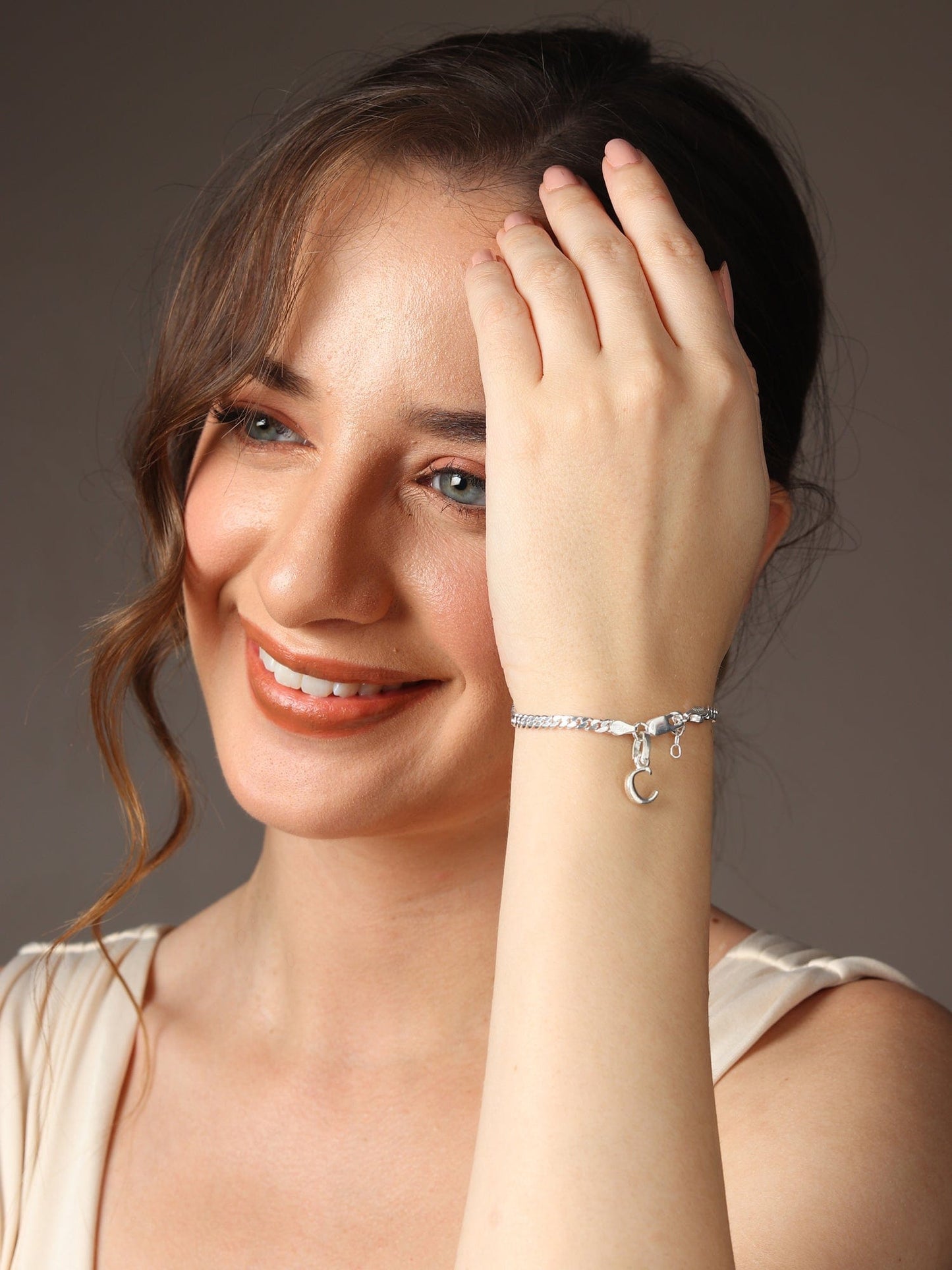 Akshat Sapphire 92.5% pure Sterling Silver Curb Designer Bracelet with C Alphabet for Girls and women