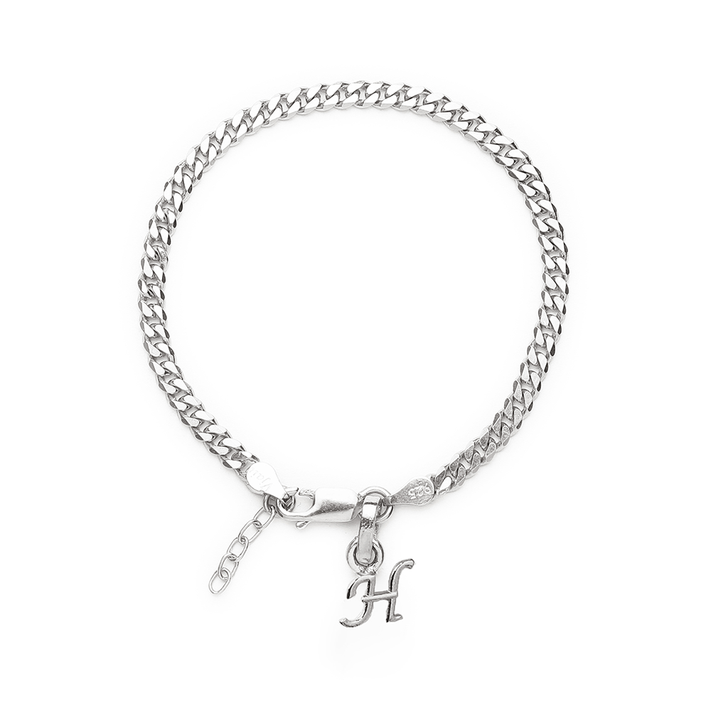 Akshat Sapphire 92.5% pure Sterling Silver Curb Designer Bracelet with H Alphabet for Girls and women
