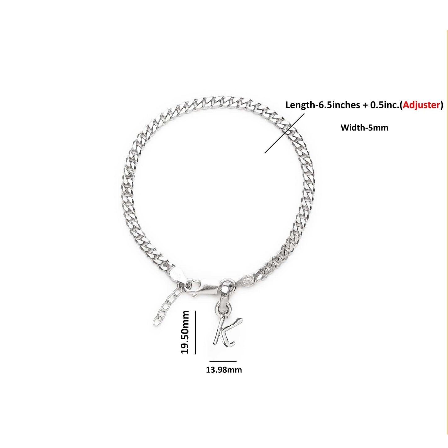 Akshat Sapphire 92.5% pure Sterling Silver Curb Designer Bracelet with K Alphabet for Girls and women