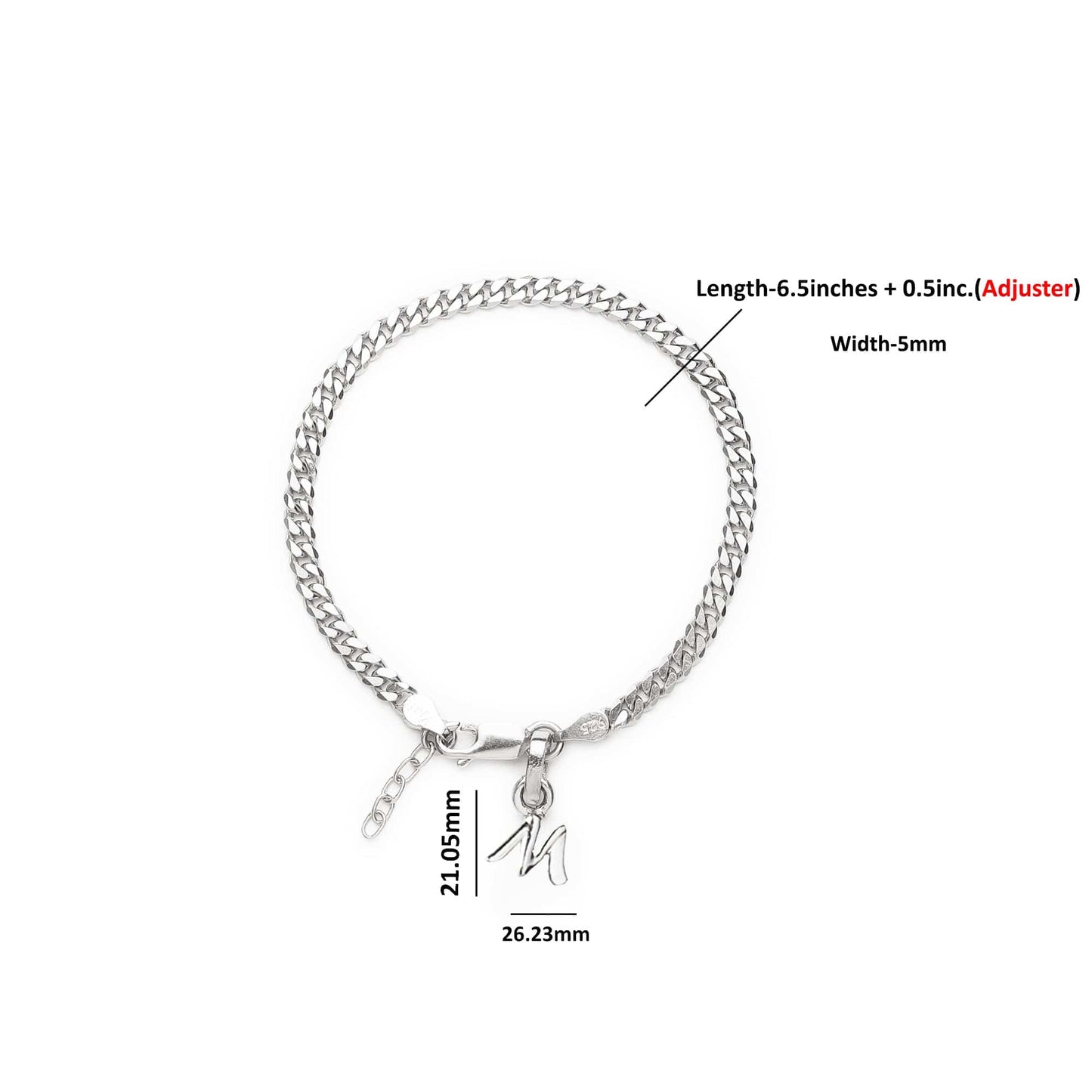 Akshat Sapphire 92.5% pure Sterling Silver Curb Designer Bracelet with M Alphabet for Girls and women