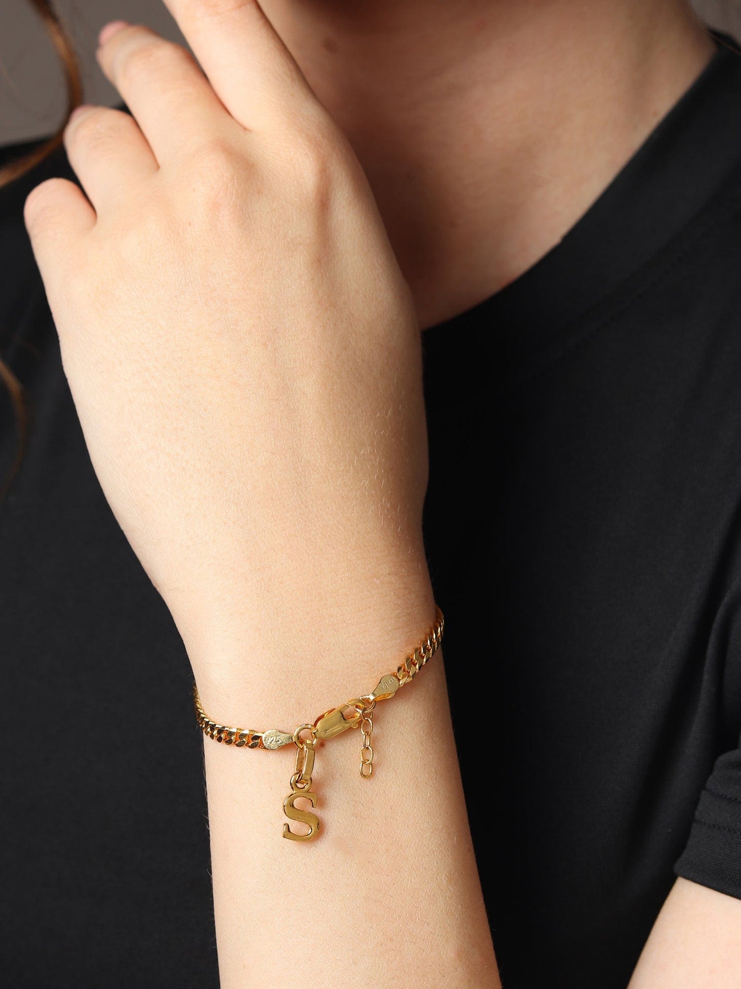 22KT gold plated 92.5% pure Sterling Silver Curb Designer Bracelet with S Alphabet for Girls and Women