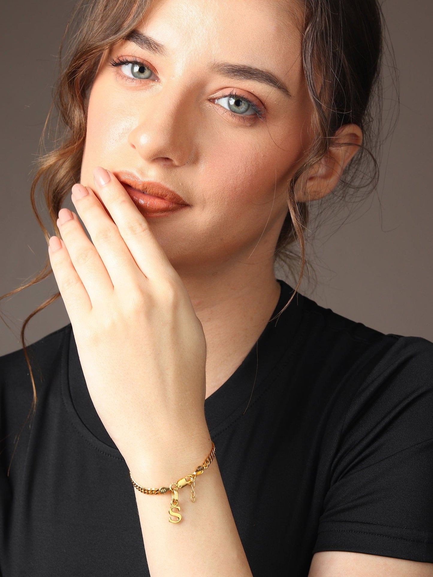 22KT gold plated 92.5% pure Sterling Silver Curb Designer Bracelet with S Alphabet for Girls and Women