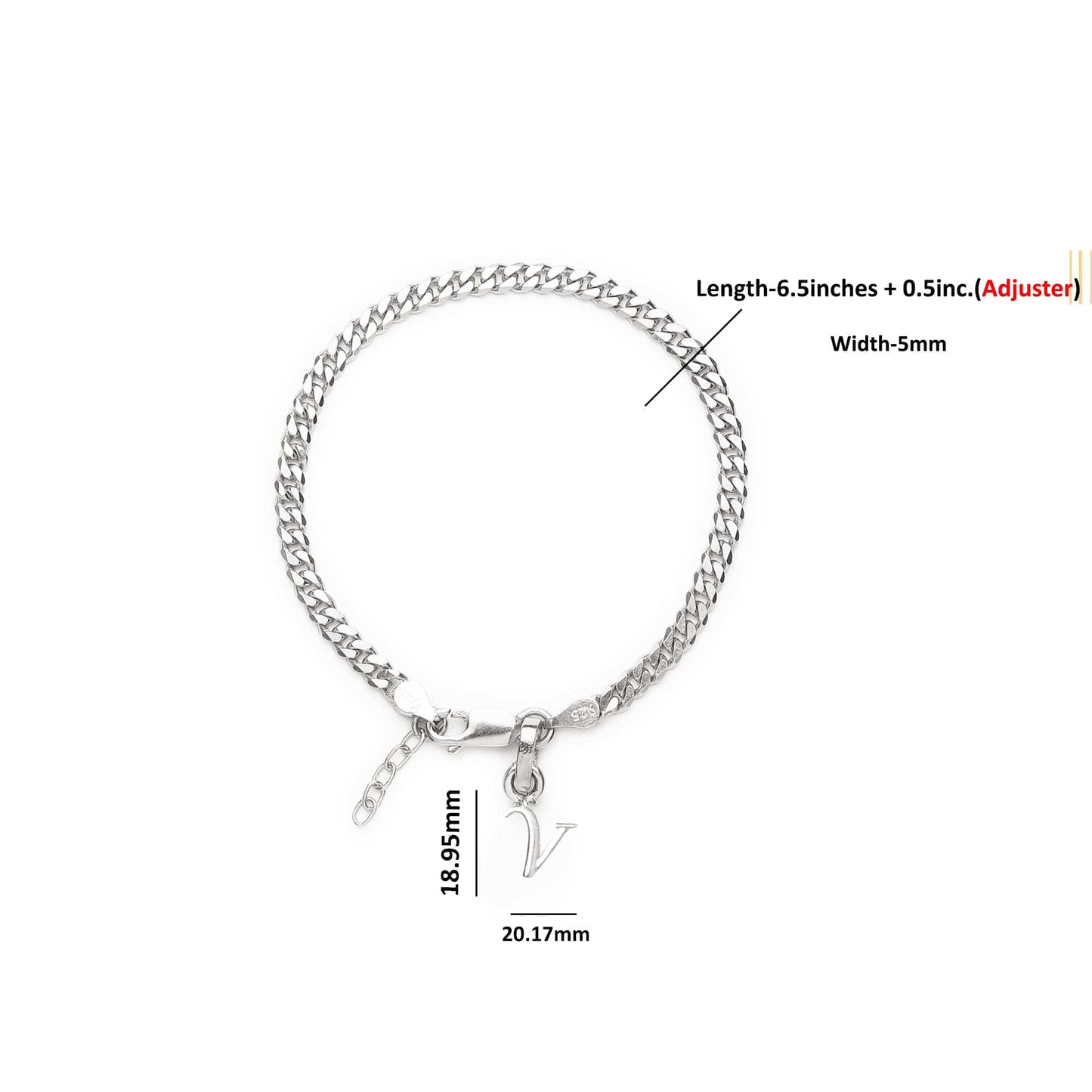 Akshat Sapphire 92.5% pure Sterling Silver Curb Designer Bracelet with V Alphabet for Girls and women