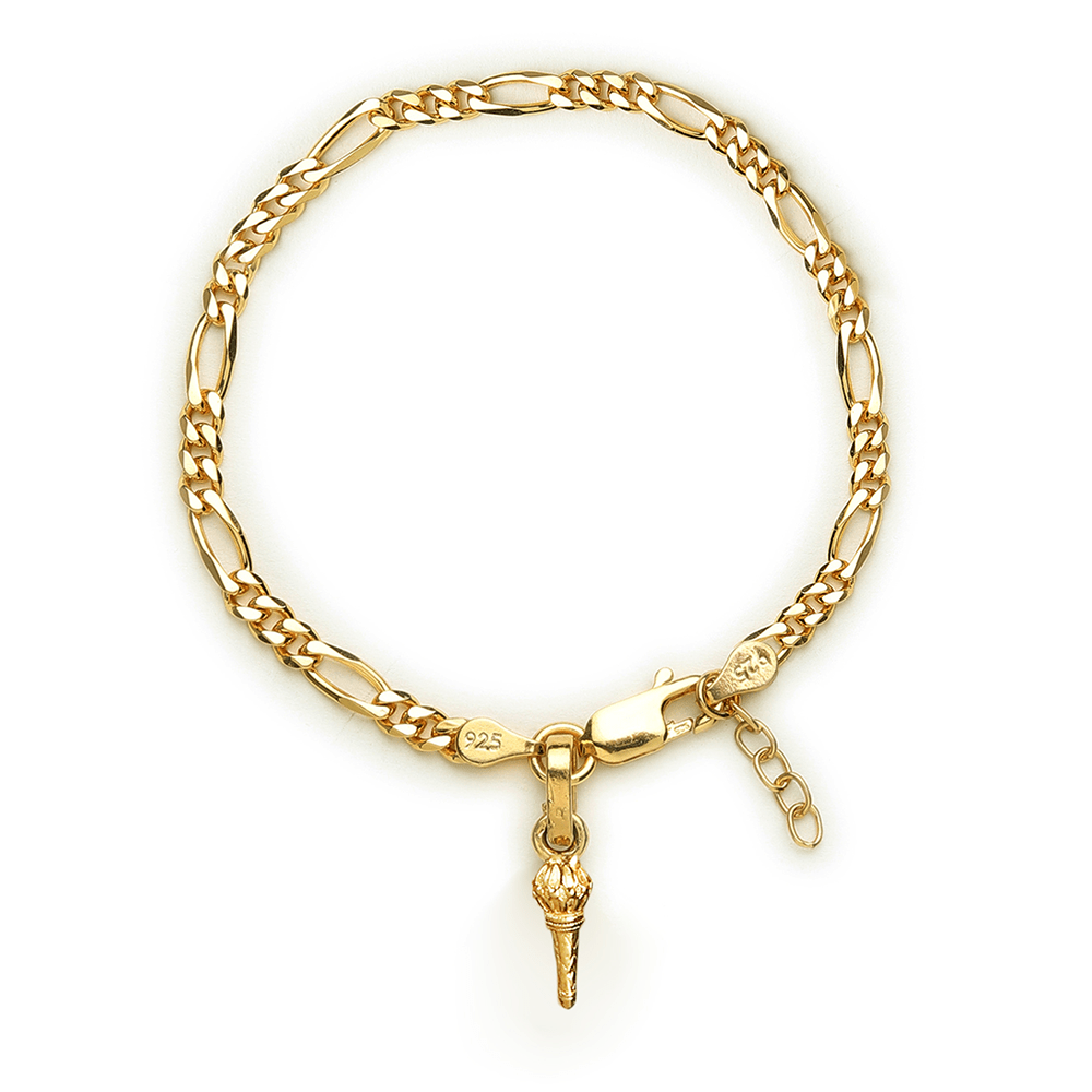 22KT gold plated 92.5% pure Sterling Silver Figaro Designer Bracelet with Hanuman/Bajrang Bali Gada for Girls and Women