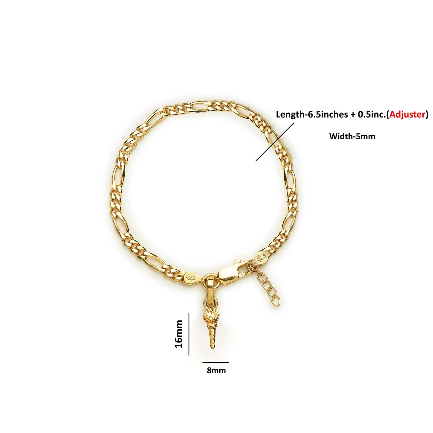 22KT gold plated 92.5% pure Sterling Silver Figaro Designer Bracelet with Hanuman/Bajrang Bali Gada for Girls and Women