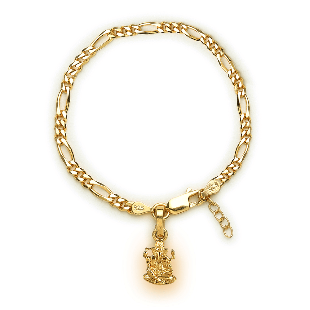 Akshat Sapphire 22KT gold plated 92.5% pure Sterling Silver Figaro Designer Bracelet with Charm Ganesh for Girls and Women
