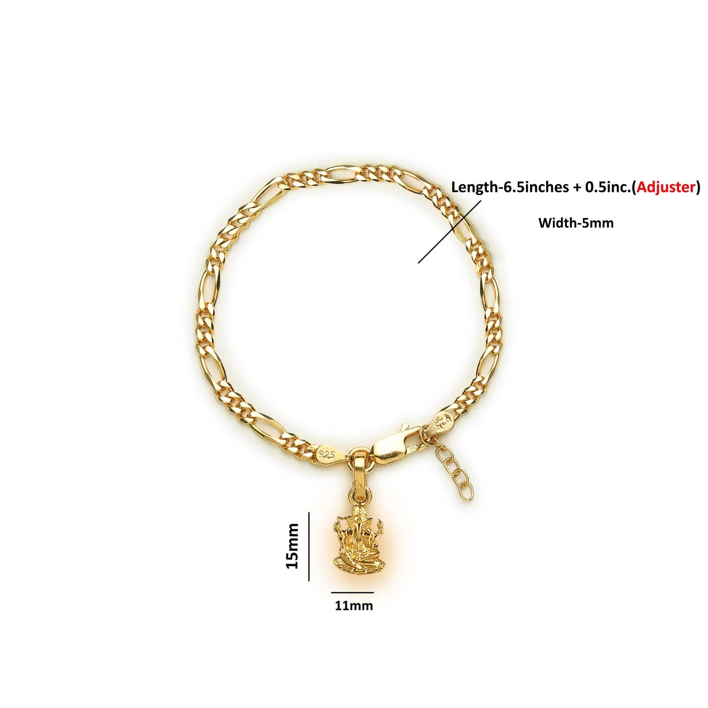 Akshat Sapphire 22KT gold plated 92.5% pure Sterling Silver Figaro Designer Bracelet with Charm Ganesh for Girls and Women