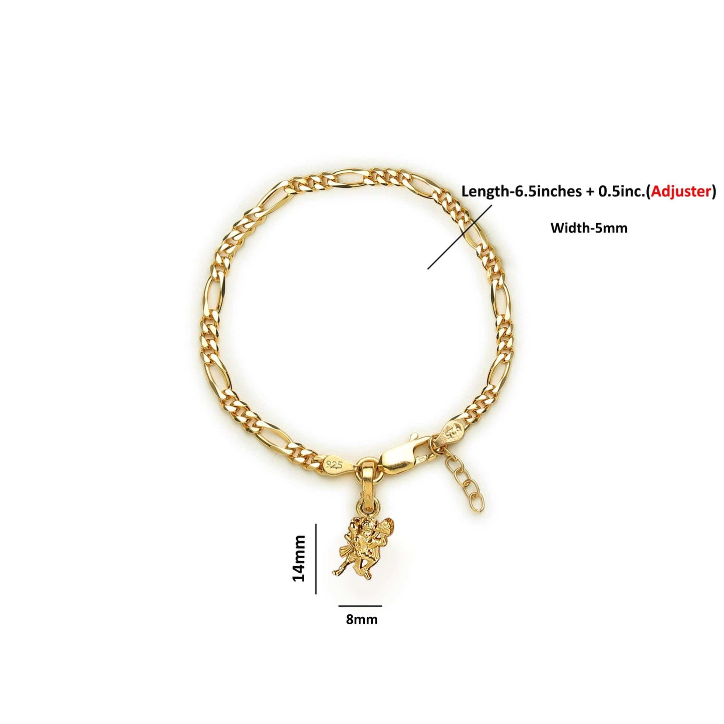 22KT gold plated 92.5% pure Sterling Silver Figaro Designer Bracelet with Charm Hanuman/Bajrang Bali for Girls and Women