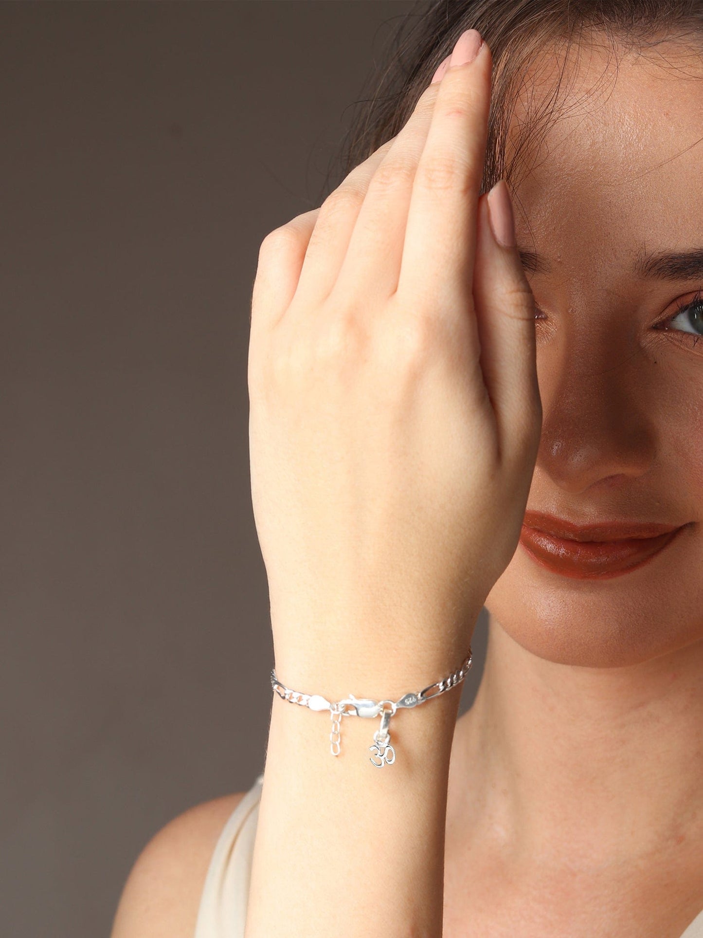 Akshat Sapphire 92.5% pure Sterling Silver Figaro Designer Bracelet with spiritual OM for Girls and Women