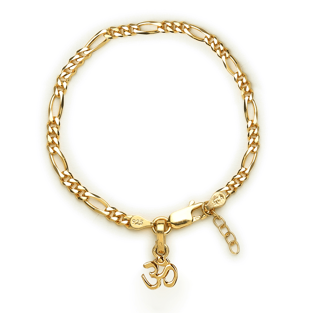 22KT gold plated 92.5% pure Sterling Silver Figaro Designer Bracelet with spiritual OM for Girls and Women