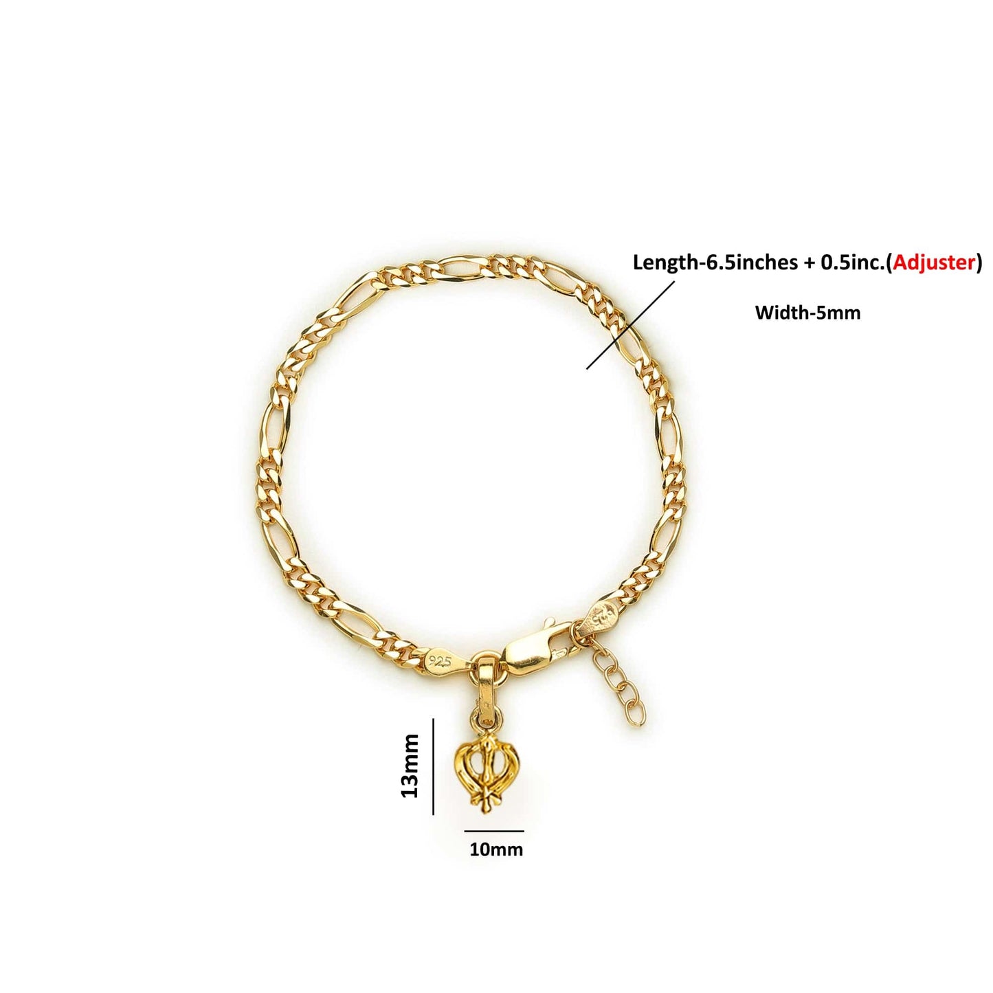 22KT gold plated 92.5% pure Sterling Silver Figaro Designer Bracelet with spiritual Sardar Symbol for Girls and Women
