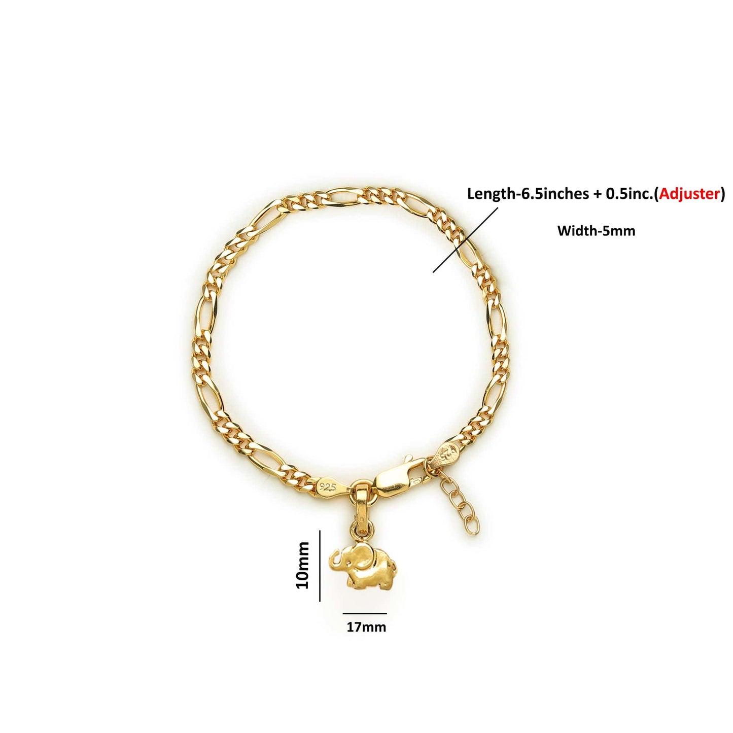 22KT gold plated 92.5% pure Sterling Silver Figaro Designer Bracelet with fashionable Elephant for Girls and Women