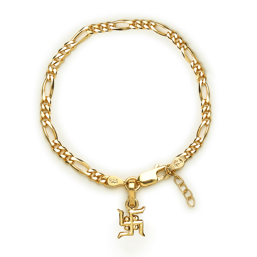 22KT gold plated 92.5% pure Sterling Silver Figaro Designer Bracelet with Charm Swastik for Girls and Women