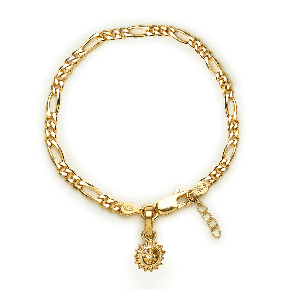 22KT gold plated 92.5% pure Sterling Silver Figaro Designer Bracelet with Charm Surya for Girls and Women