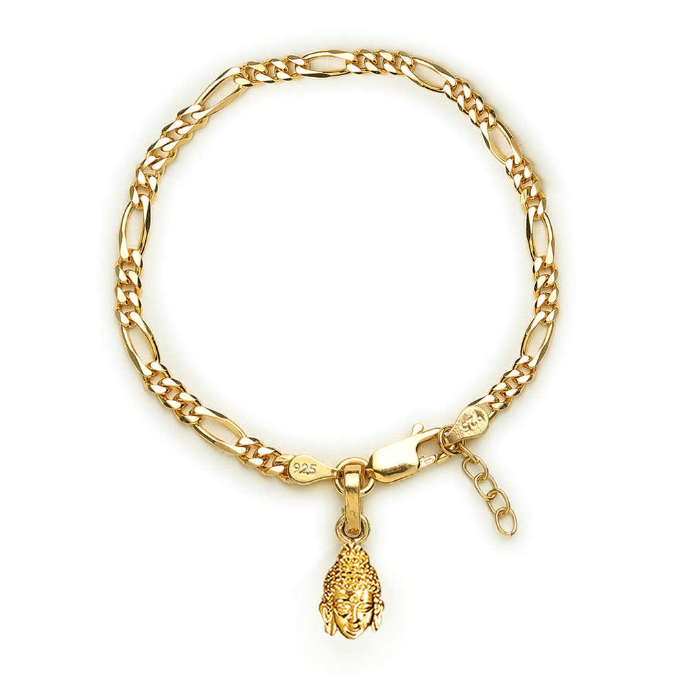 22KT gold plated 92.5% pure Sterling Silver Figaro Designer Bracelet with Charm Buddha for Girls and Women