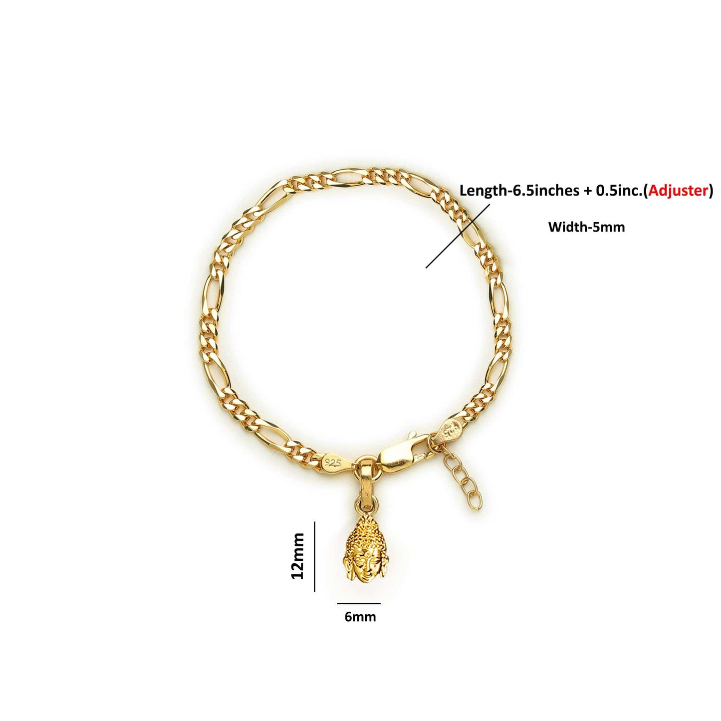 22KT gold plated 92.5% pure Sterling Silver Figaro Designer Bracelet with Charm Buddha for Girls and Women