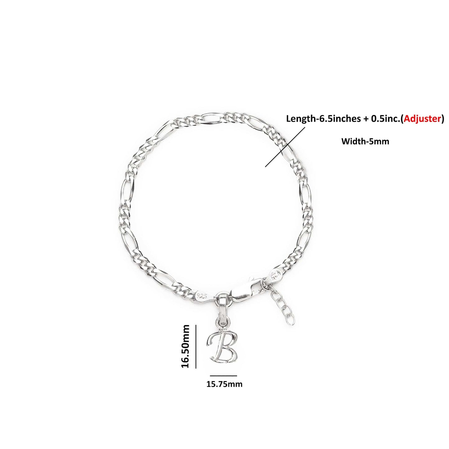 Akshat Sapphire 92.5% pure Sterling Silver Figaro Designer Bracelet with B Alphabet for Girls and women