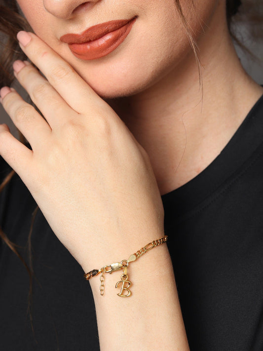 22KT gold plated 92.5% pure Sterling Silver Figaro Designer Bracelet with B Alphabet for Girls and Women