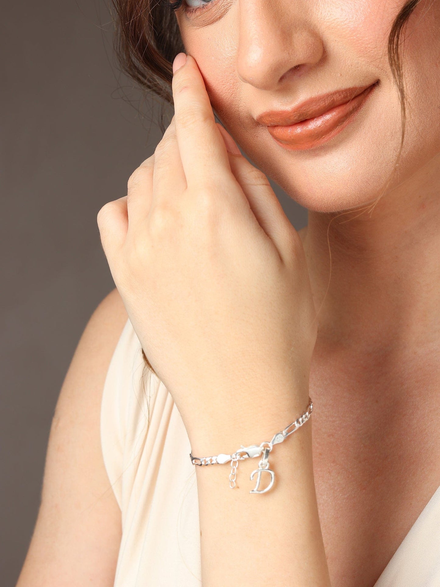 Akshat Sapphire 92.5% pure Sterling Silver Figaro Designer Bracelet with D Alphabet for Girls and women