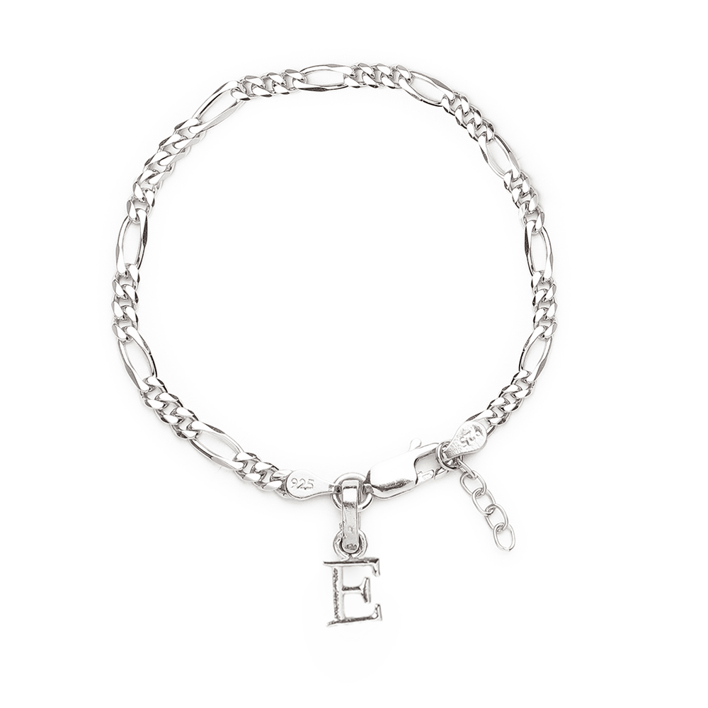 Akshat Sapphire 92.5% pure Sterling Silver Figaro Designer Bracelet with E Alphabet for Girls and women