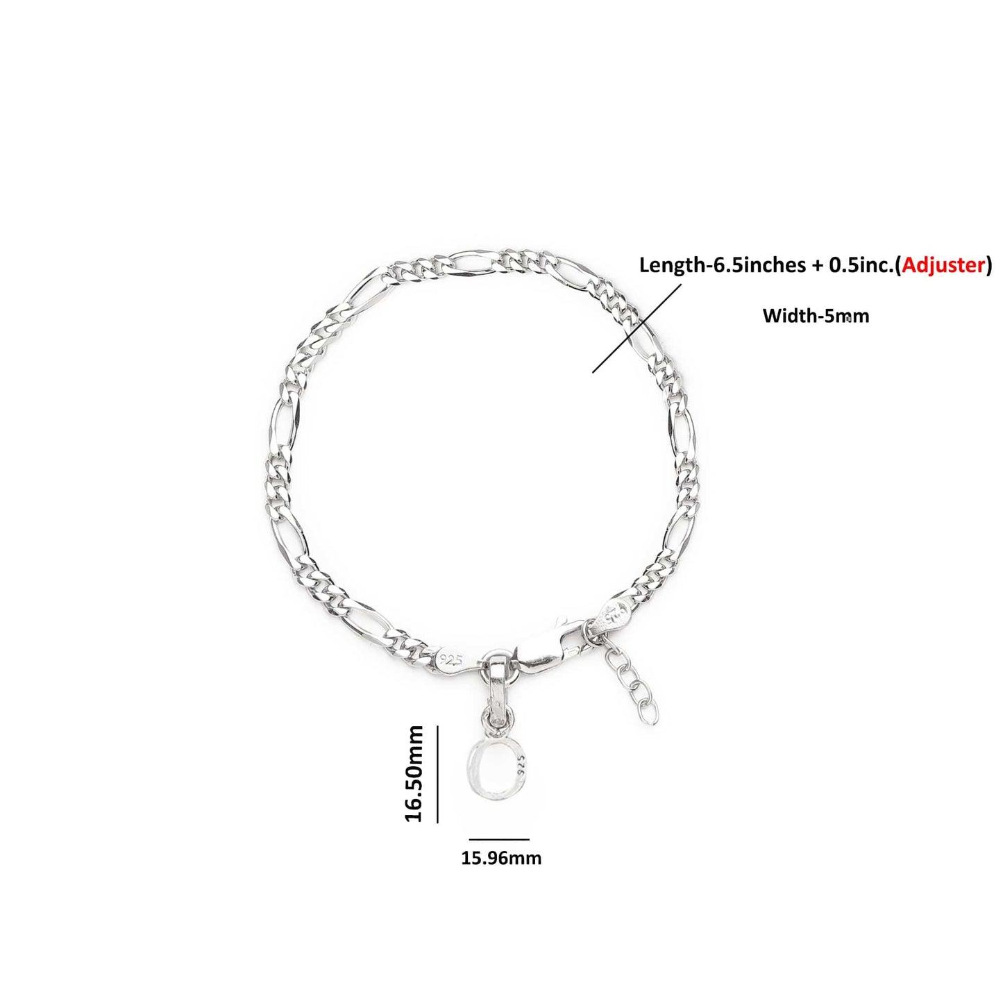 Akshat Sapphire 92.5% pure Sterling Silver Figaro Designer Bracelet with O Alphabet for Girls and women