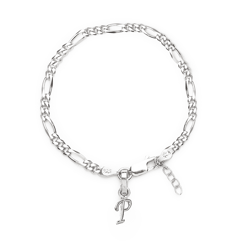 Akshat Sapphire 92.5% pure Sterling Silver Figaro Designer Bracelet with P Alphabet for Girls and women