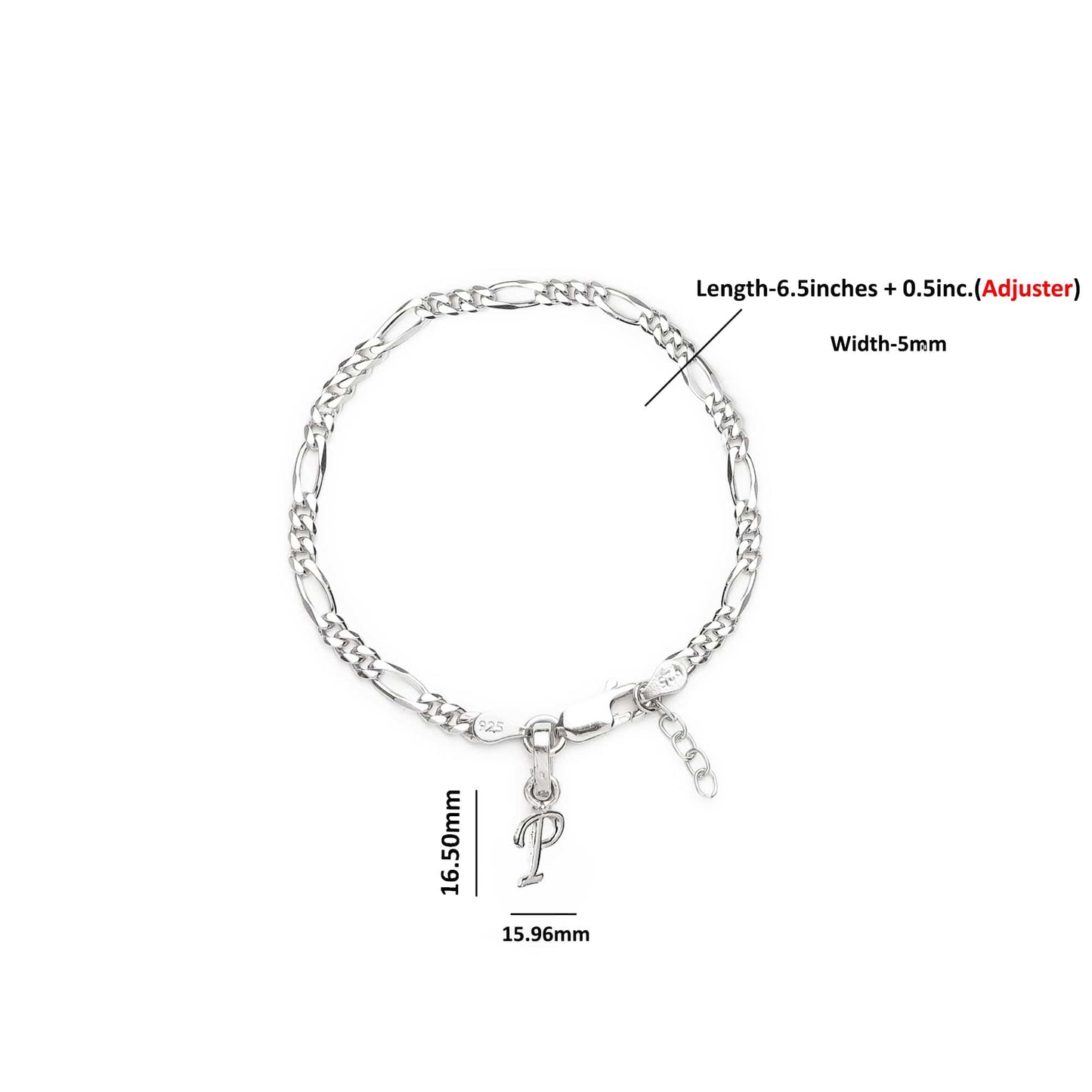 Akshat Sapphire 92.5% pure Sterling Silver Figaro Designer Bracelet with P Alphabet for Girls and women
