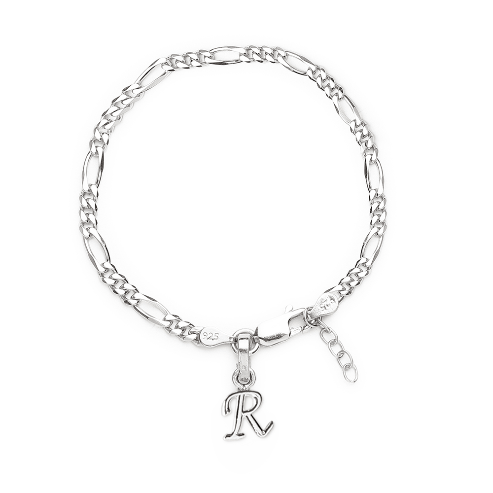 Akshat Sapphire 92.5% pure Sterling Silver Figaro Designer Bracelet with R Alphabet for Girls and women