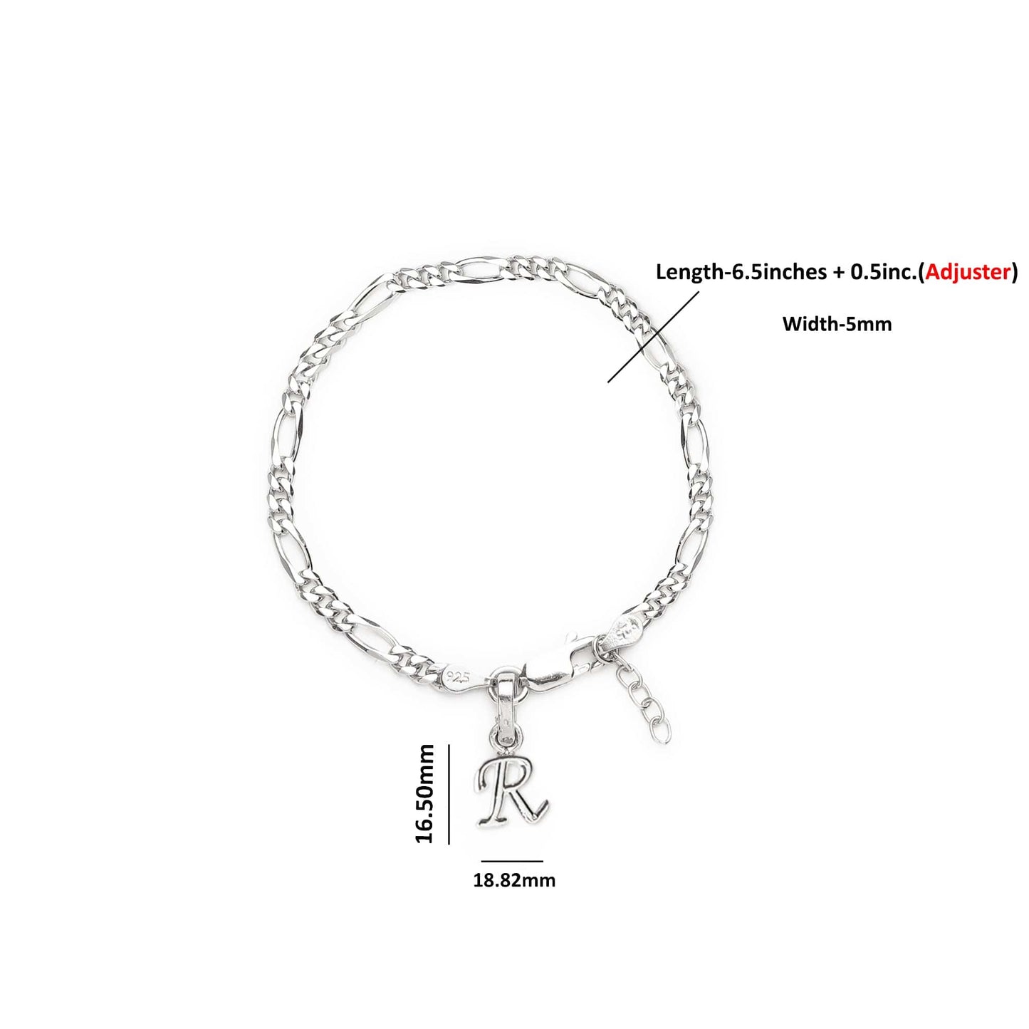 Akshat Sapphire 92.5% pure Sterling Silver Figaro Designer Bracelet with R Alphabet for Girls and women