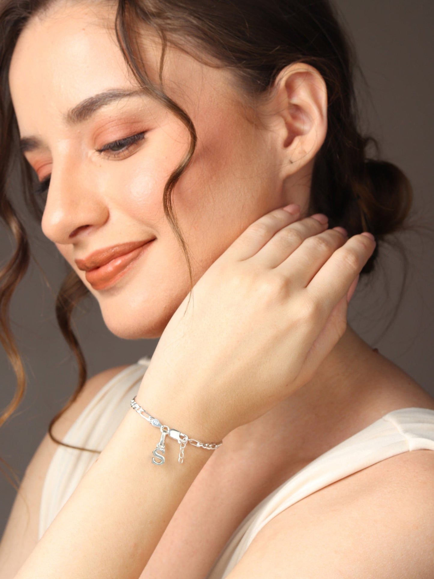Akshat Sapphire 92.5% pure Sterling Silver Figaro Designer Bracelet with S Alphabet for Girls and women