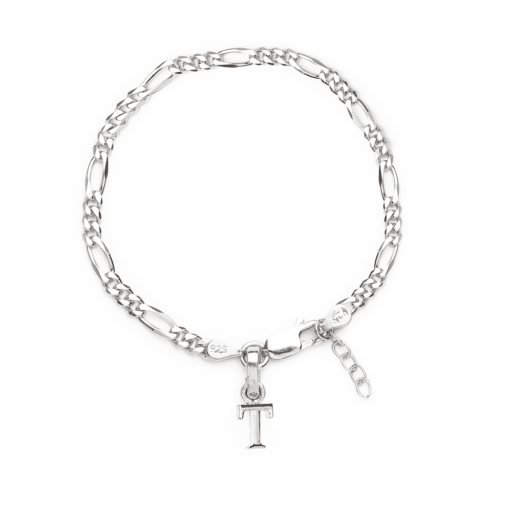 Akshat Sapphire 92.5% pure Sterling Silver Figaro Designer Bracelet with T Alphabet for Girls and women