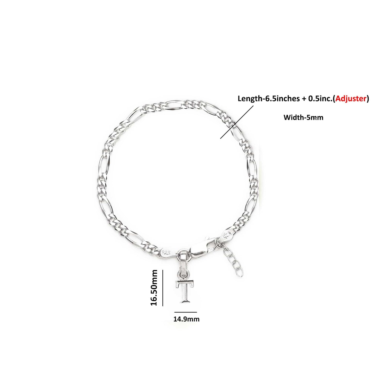 Akshat Sapphire 92.5% pure Sterling Silver Figaro Designer Bracelet with T Alphabet for Girls and women