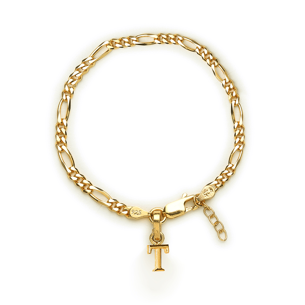 Akshat Sapphire 22KT gold plated 92.5% pure Sterling Silver Figaro Designer Bracelet with T Alphabet for Girls and Women