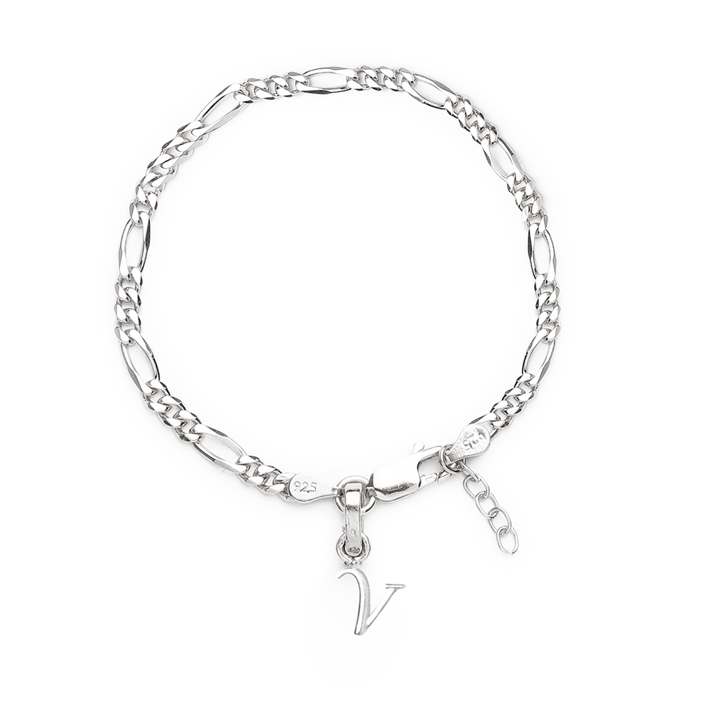 Akshat Sapphire 92.5% pure Sterling Silver Figaro Designer Bracelet with V Alphabet for Girls and women