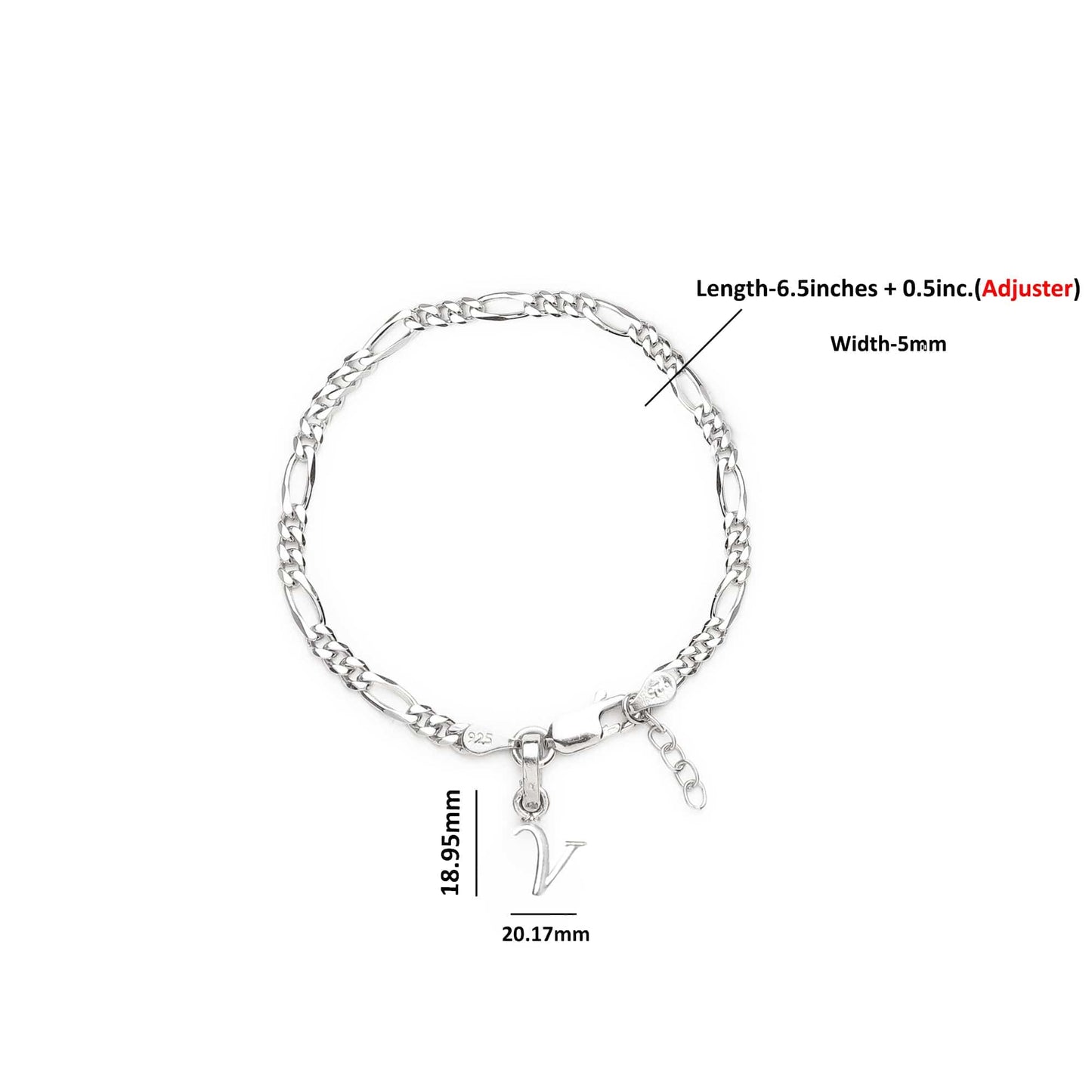 Akshat Sapphire 92.5% pure Sterling Silver Figaro Designer Bracelet with V Alphabet for Girls and women