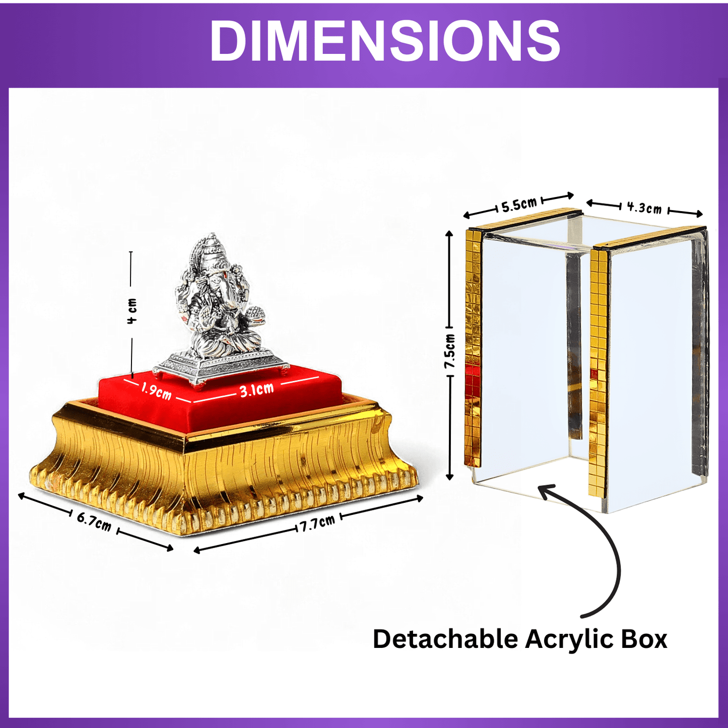 99.9% Pure Silver Lord Ganesha Idol with Acrylic Box for Pooja Room, office desk, Car Dashboard