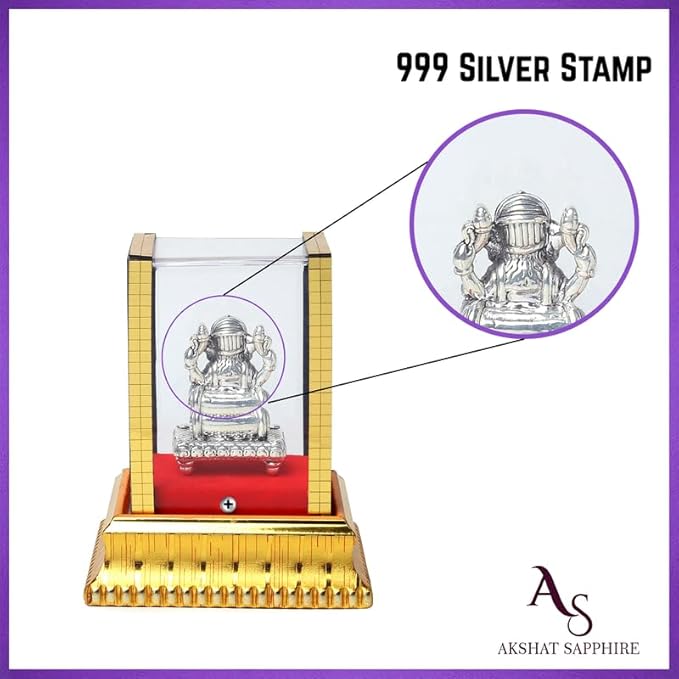 99.9% Pure Silver Lord Ganesha Idol with Acrylic Box for Pooja Room, office desk, Car Dashboard