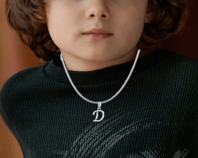 Alphabet Silver Chain Pendant (92.5% purity) for kids upto 4 years by (Snake Chain: 12 Inches)
