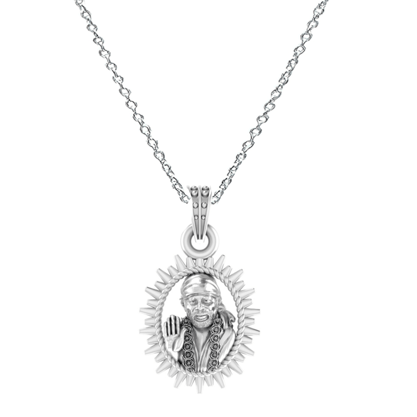 AKSHAT SAPPHIRE Sterling Silver (Silver with 92.5% purity) God Shree Sai Baba chain Pendant (Pendant with Anchor Chain-22 inches) for Men & Women Pure Sterling Silver Lord Sai Baba chain Locket For Good Wealth & Health