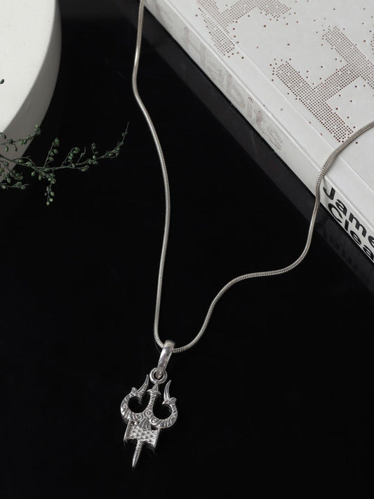 Sterling Silver (92.5% Purity) Pure Silver Spiritual Shiva Trishul Chain Pendant (Locket with Anchor Chain-22 inches) for Men & Women